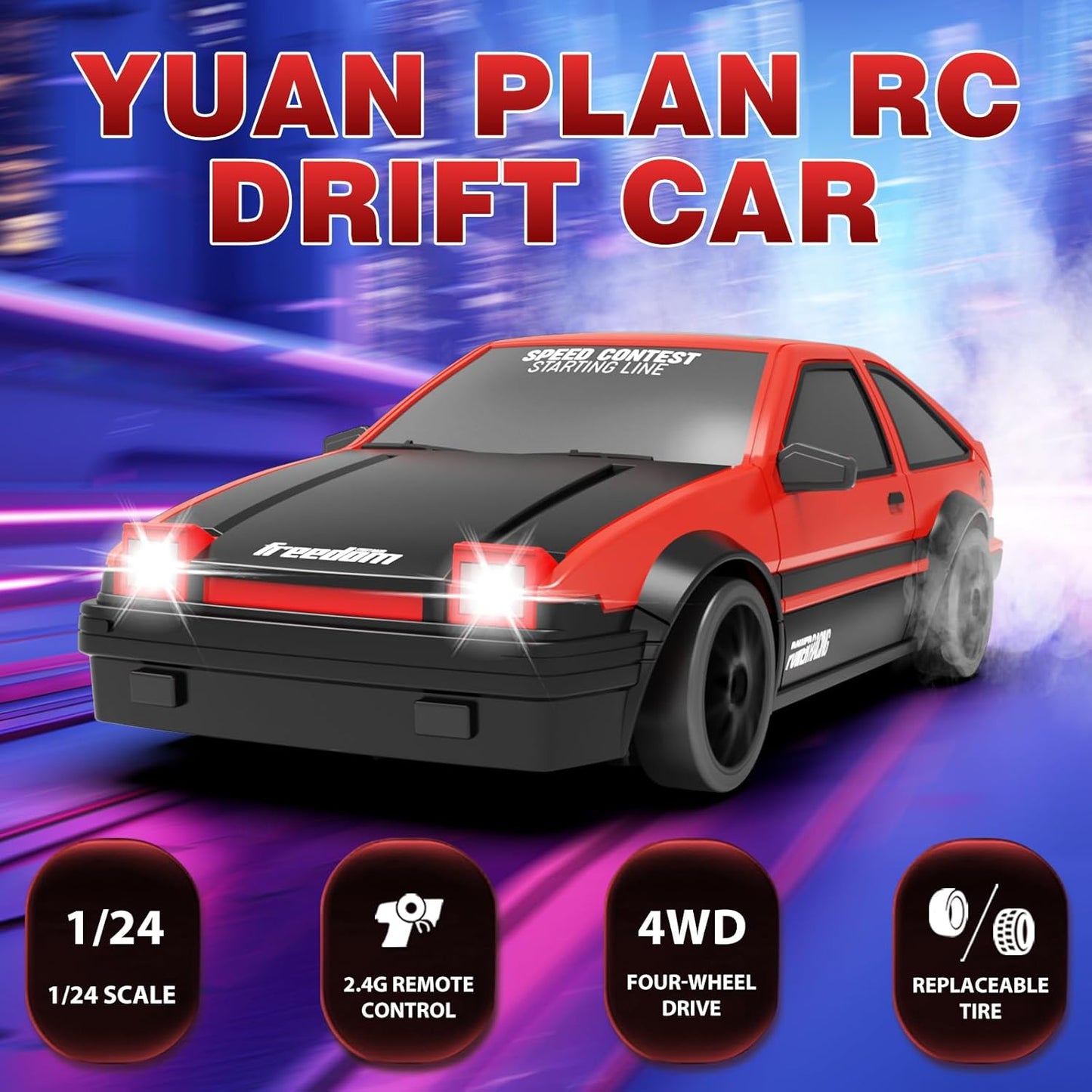 RC Drift Car, 1:24 Remote Control Cars 2.4GHz 4WD High Speed Drift RC Cars with LED Light Dritfing Tires Racing Hobby Toy Car with Two Batteries for Boys Girls Kids Adults (Red)