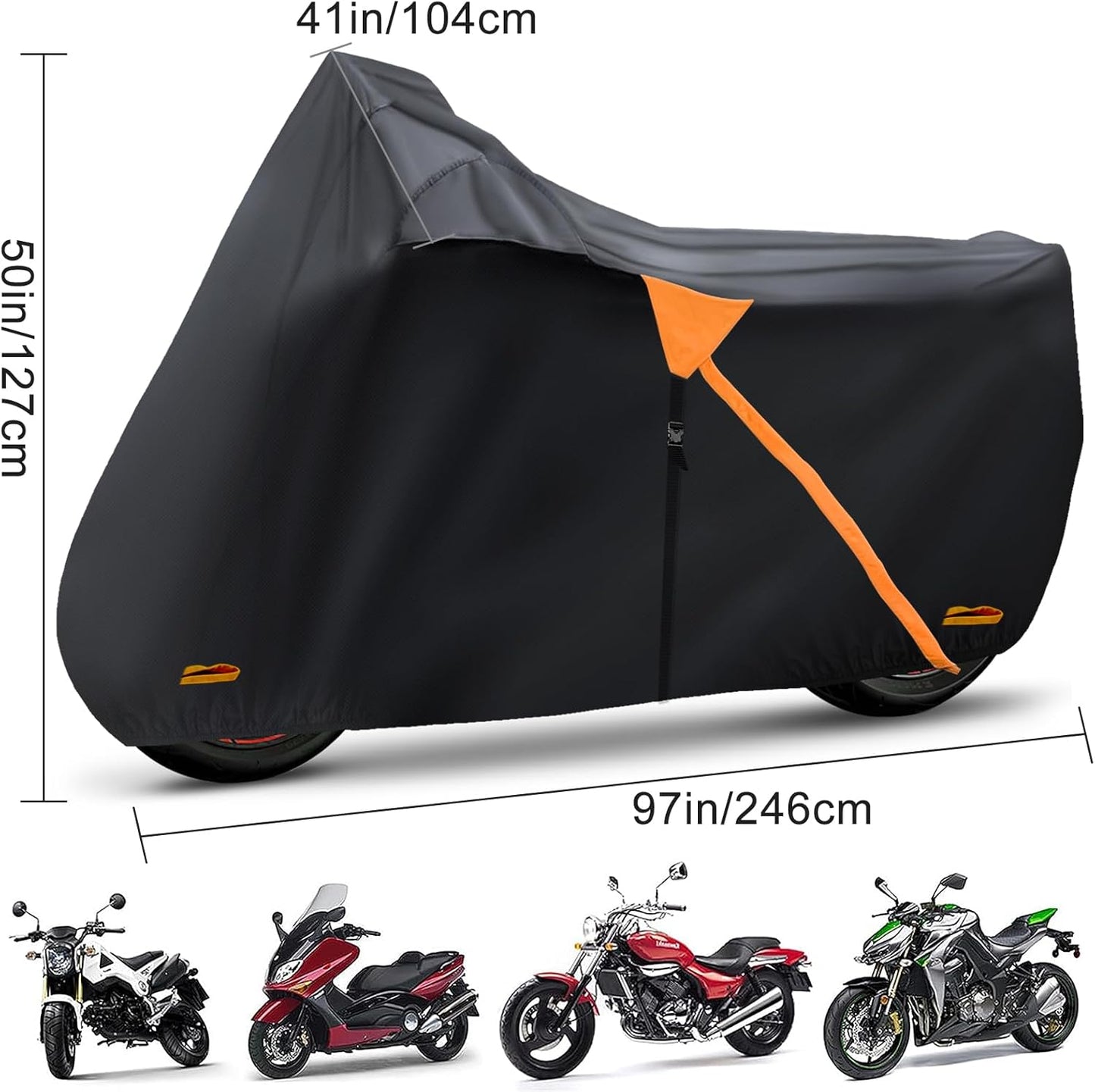 Motorcycle Cover,Waterproof Zipper Outdoor Cover for All Seasons Windproof, High Heat Resistance Dustproof and Rainproof Snowproof(Orange Zipper XL Fits Up to 97 inch)