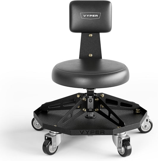 Vyper Robust Steel Sport Shop Chair for Mechanics, Automotive, DIY - 300 lb Capacity Garage Stool with Backrest & Large Wheels (Black Seat, Black Frame)