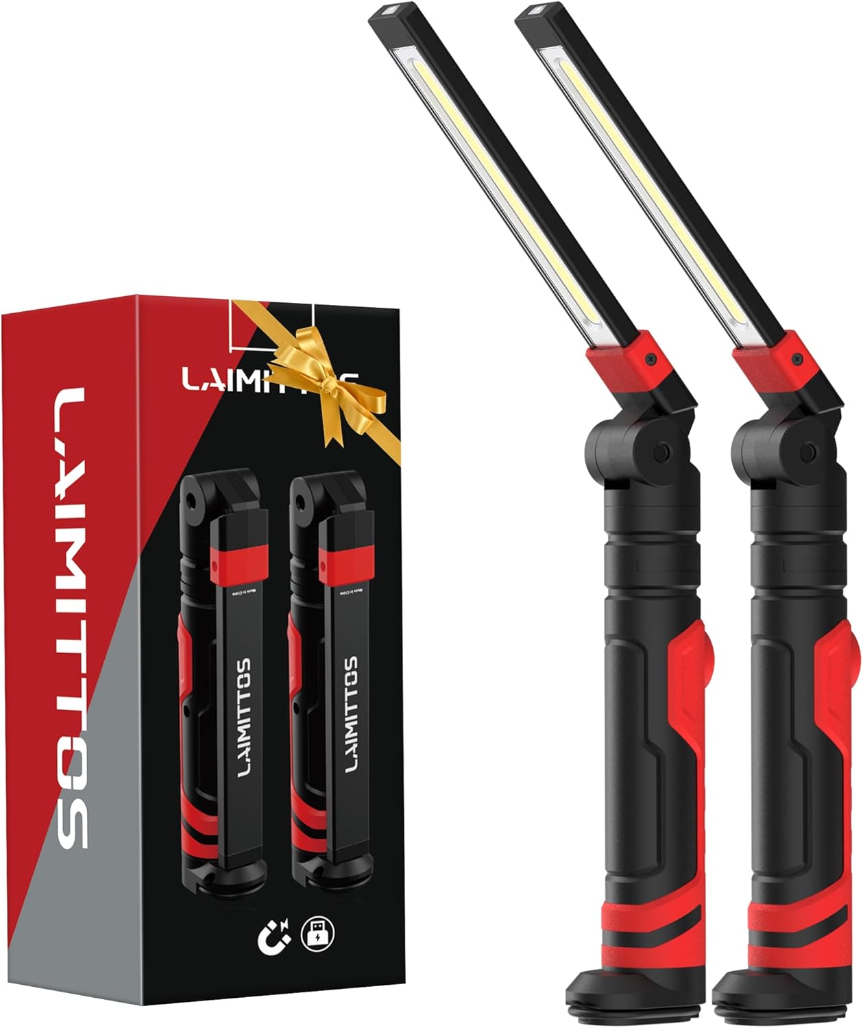 Rechargeable Work Light 2500mAh Magnetic LED Work Light Flashlight Mechanic Light Tool Gifts for Men Him, Foldable Lamp with Hook for Car Repair Emergency BBQ Grill (2 Pack)