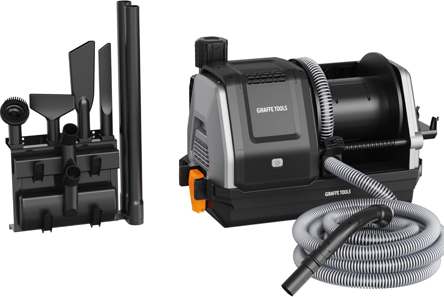 Giraffe Tools Grandstorm Retractable Vacuum Cleaner with 30 FT Hose Wall Mounted, Wet Dry Vacuum Cleaner with 6 Nozzles for Car Detailing Normal Version, Grey （No Remote Control Function）