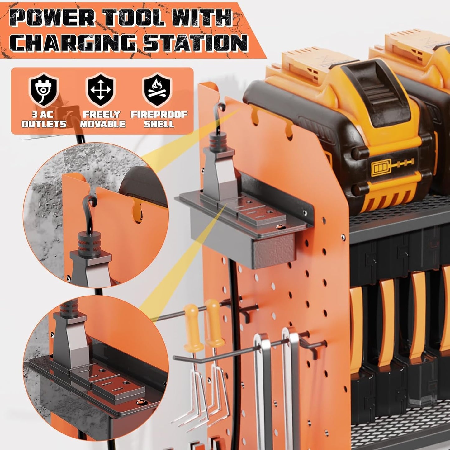 45" Large Power Tool Organizer Wall Mount with Charging Station - 3 Layer Storage Racks with 8 Cordless Drill Holder, 4 Hooks, Heavy Duty Garage Tool Organizer Storage for Workshop Pegboard Basement