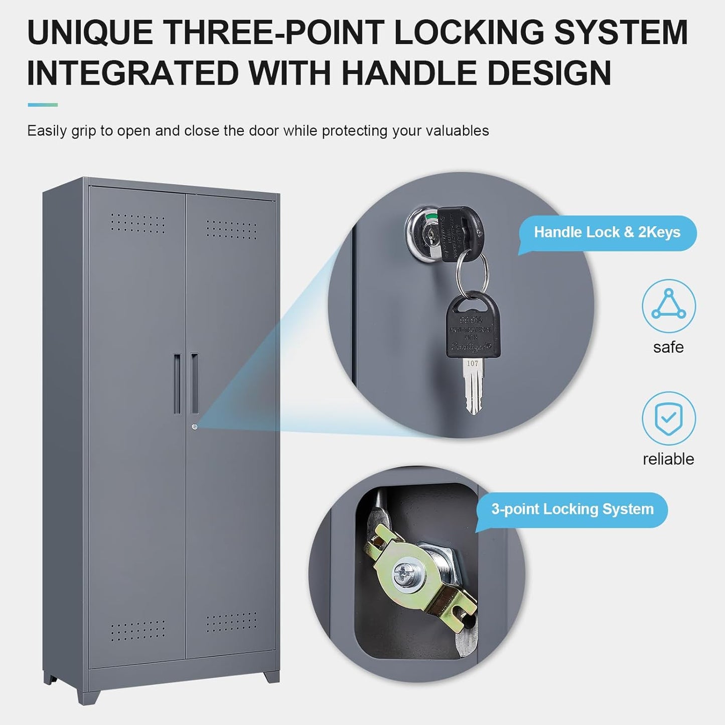 GREATMEET 72.8" Broom Storage Cabinet，Metal Storage Cabinets for Cleaning Supplies with Pegboard, Utility Closet, Broom Mop Cabinet, Grey