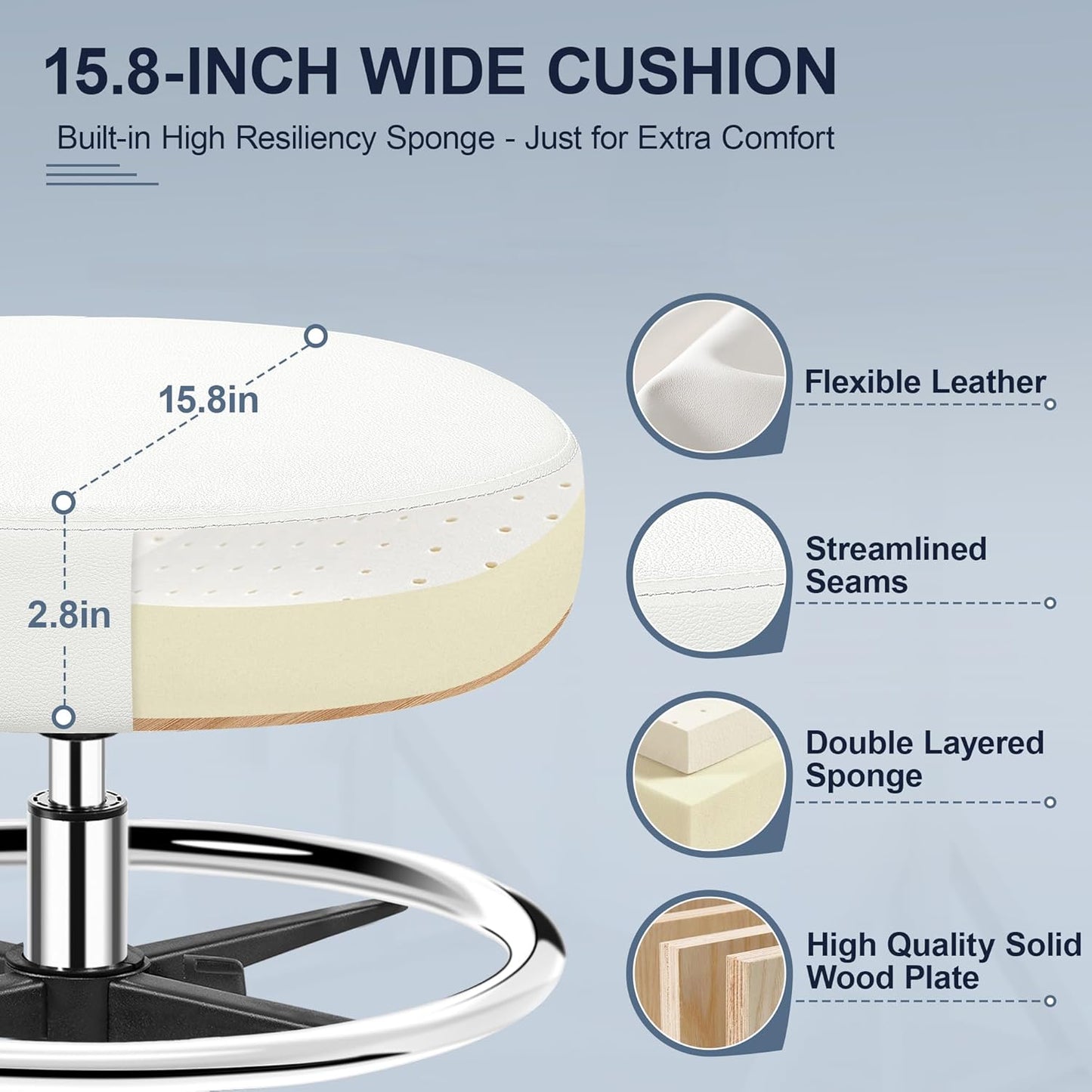 Drafting Chair with Backrest – Adjustable Foot Rest Rolling Stool with Wheels, PU Leather Swivel Stool for Office Spa Studio Lab Counter Salon Home Work Bar Kitchen Shop(White)