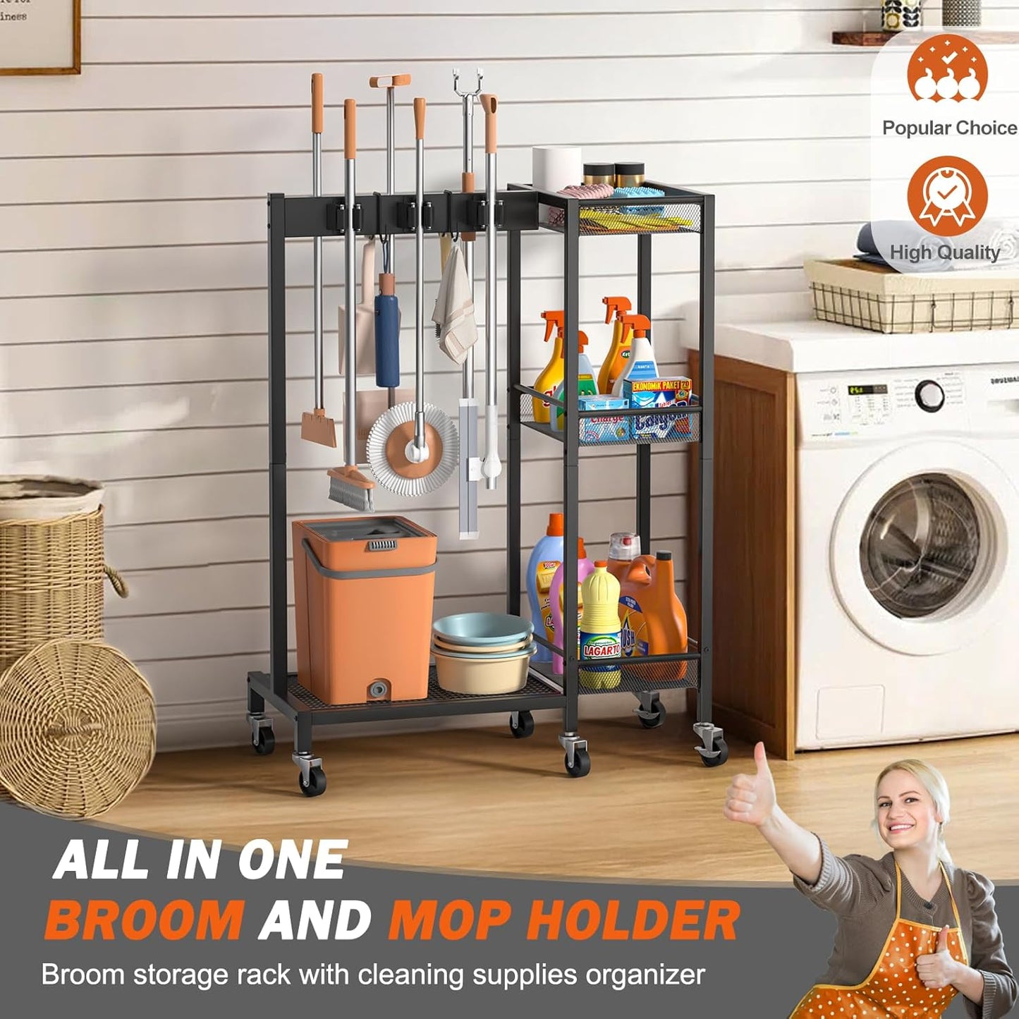 Broom Holder with Cleaning Supplies Organizer, Broom Closet Storage Cabinet with Cleaning Caddy, Cleaning Cart with Mop Hanger Gripper Rack Hooks,Janitorial Cart,Utility Carts Household Essentials
