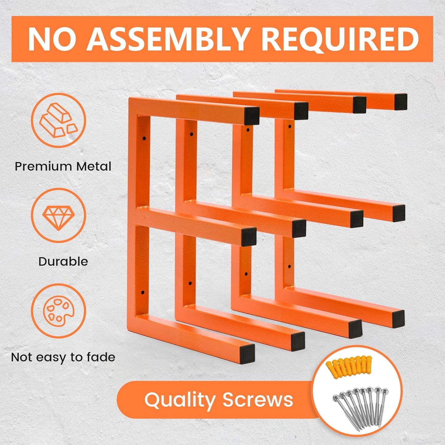 4 Pack Wood Organizer and Lumber Storage Rack Wall Mount, Heavy Duty Wood Storage Organizer Racks with 3-Level System for Garage, Workshop, Basement, Holds Up 220 LBS Per Level (Orange)