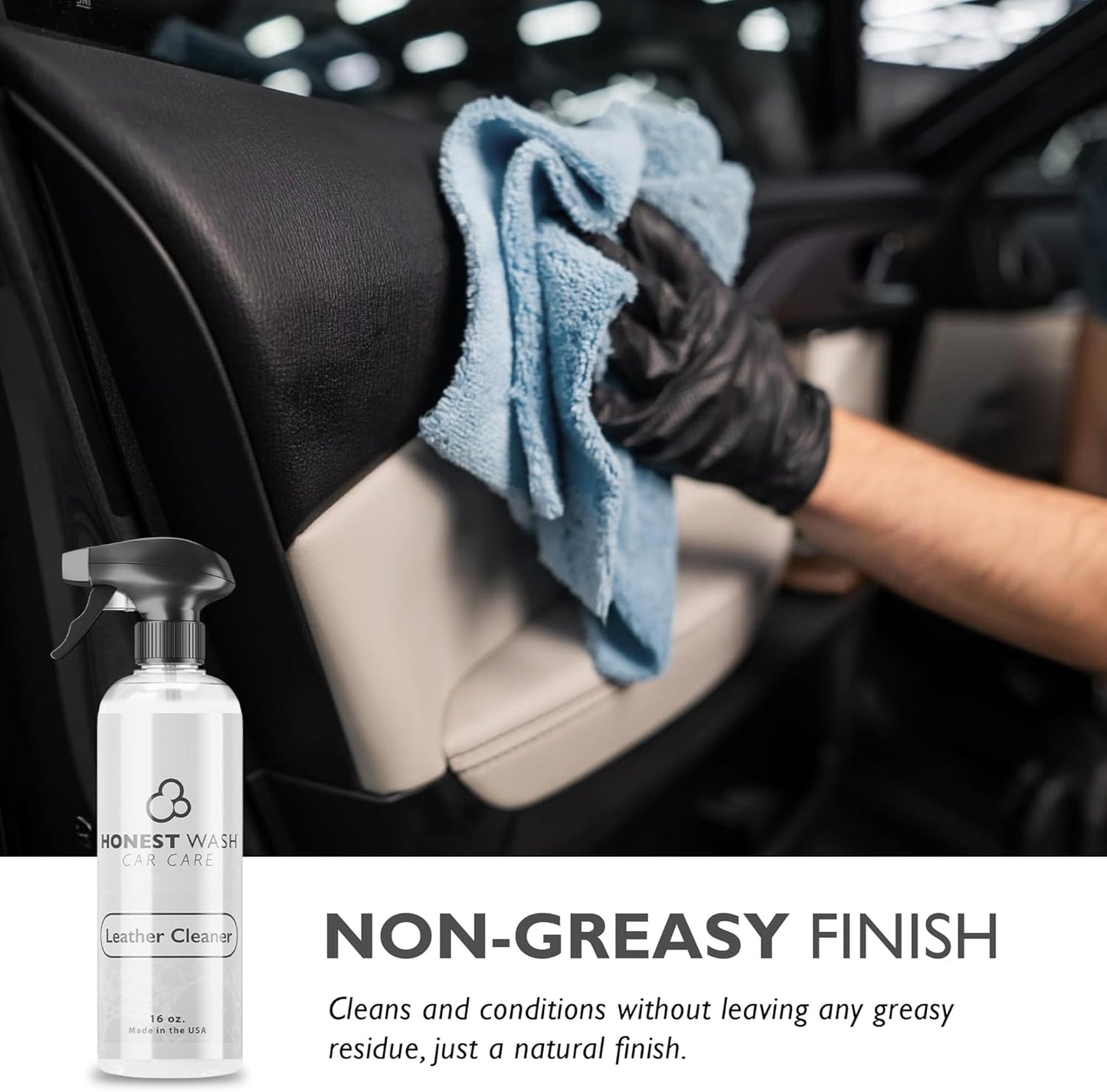 Honest Wash Car Leather Cleaner – Cleans, Conditions, & Restores Leather | Replenishes Natural Oils and Prevents Cracking | Non-Greasy Formula for Seats, Panels, & More | Made in The USA (16 Fl Oz)