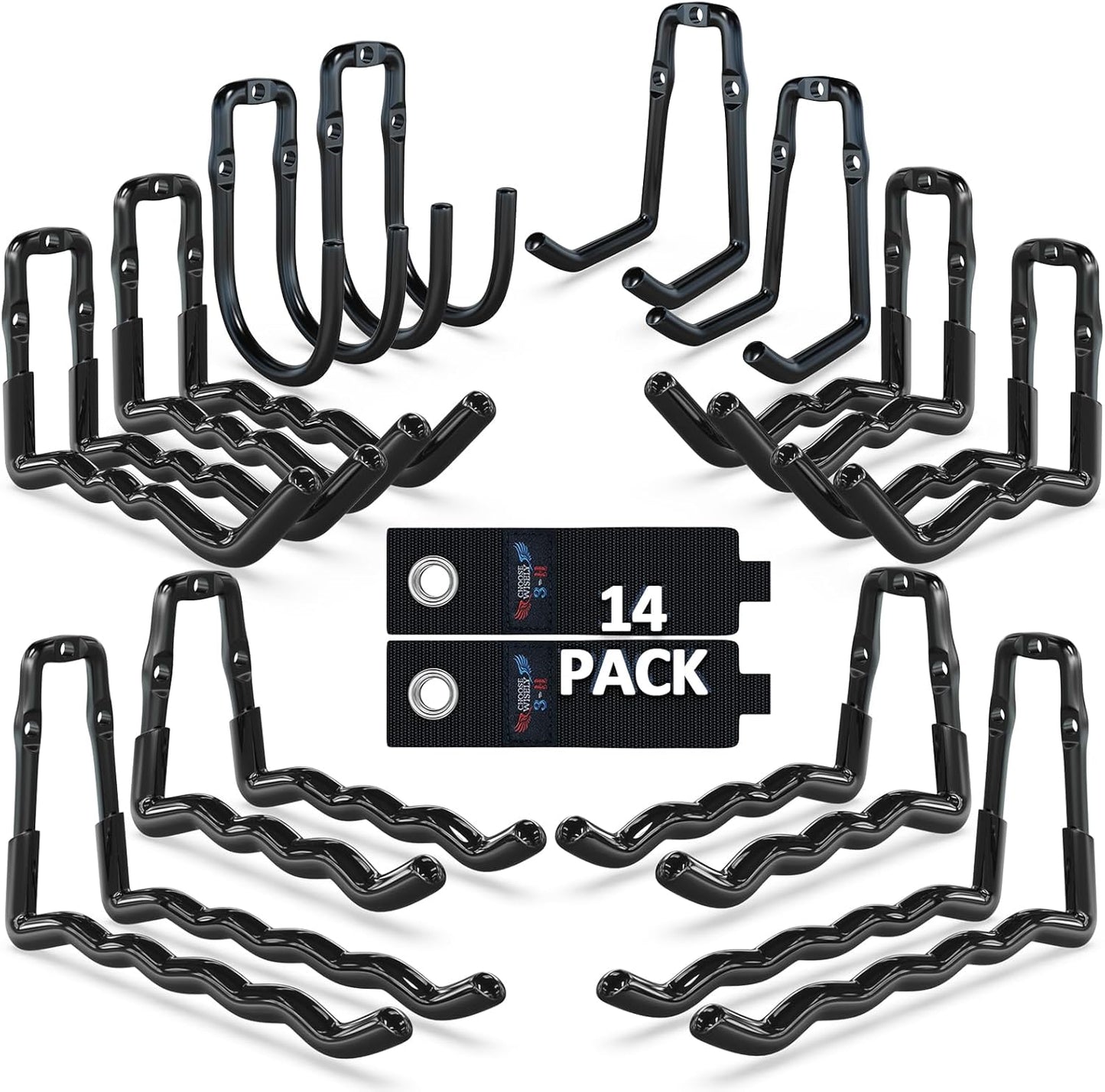 3-H Heavy Duty Garage Hooks 14 Pack, One-Piece Construction Garage Wall Hooks, Garage Hanger & Organizer Wall Mount for Ladders, Bikes, Chairs, WeedEaters, Shovels, Garden Tools (Black)