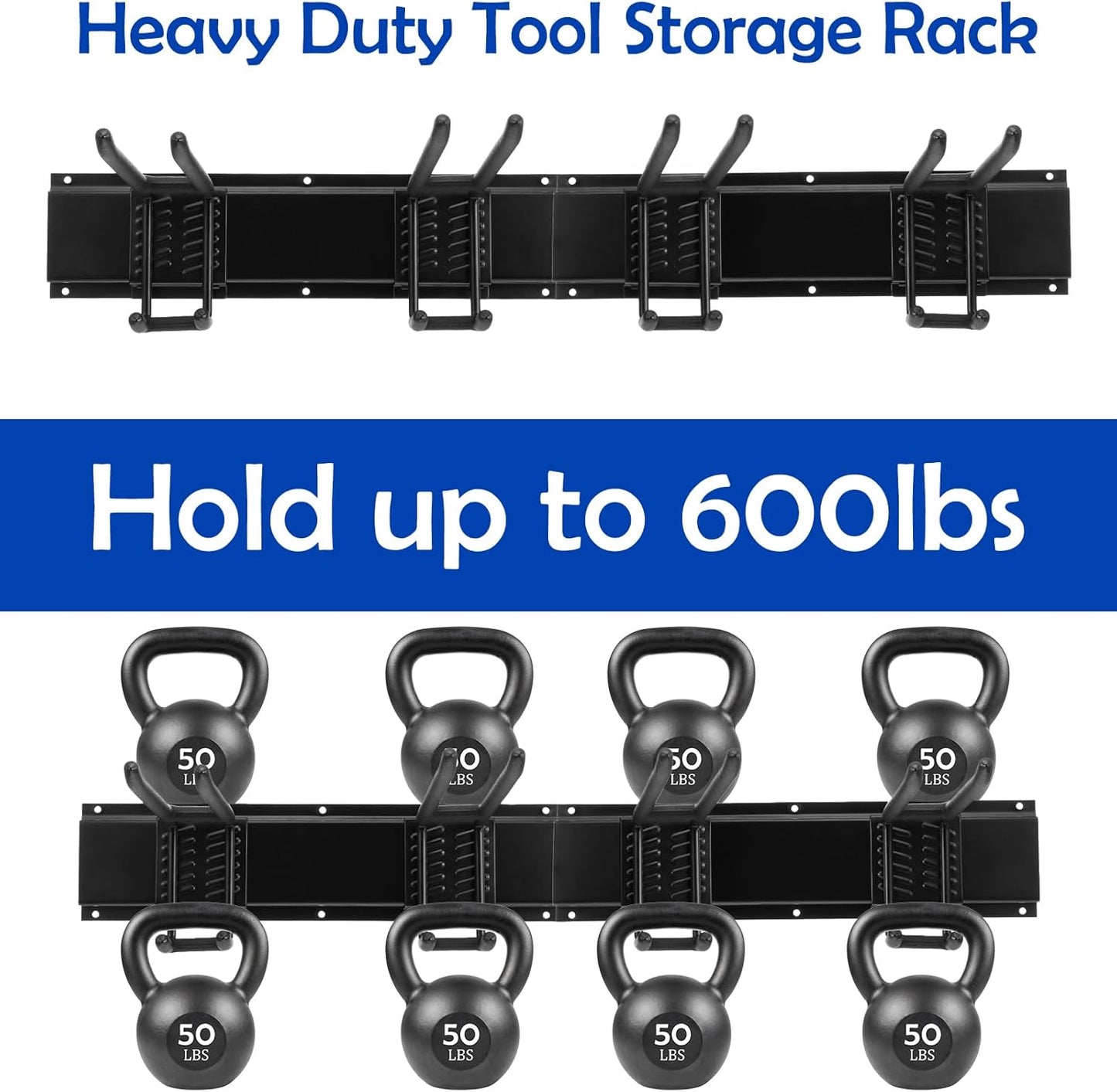 Garage Storage Rack Hooks, 32 Inch Heavy Duty Wall Mount Garage Organization with 2 Rails and 4 Adjustable Double Wall Hooks,Hanging Shelves for Garden Tool/Broom/Mop(Black)