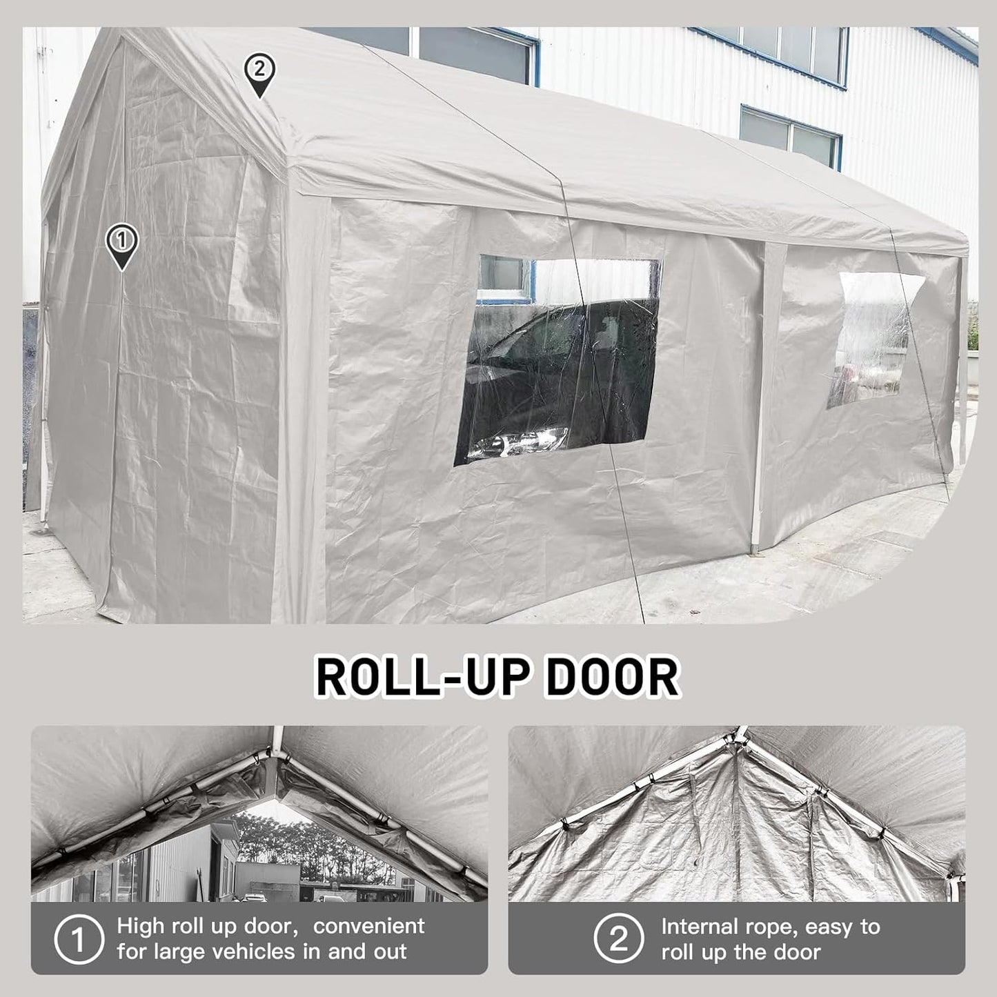Car Canopy Portable Garage Duty Carport with Roll-up Windows,Portable Garage with Removable Sidewalls & Doors, Car Canopy with All-Season Tarp for Car Boat Truck Motorcycle 10FT×20FT (White)