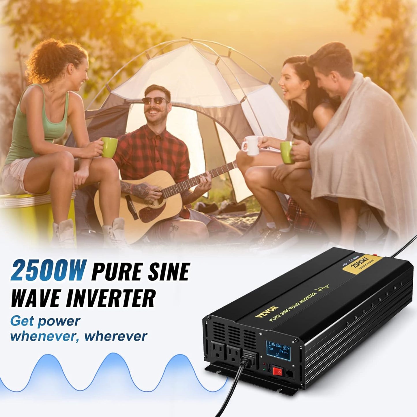 VEVOR 2500W Pure Sine Wave Inverter, 12V DC to 120V AC Car Inverter, 3 AC Outlets, USB Port, LCD Display, Remote Controller, Black, for RV Truck Car Solar System Travel Camping