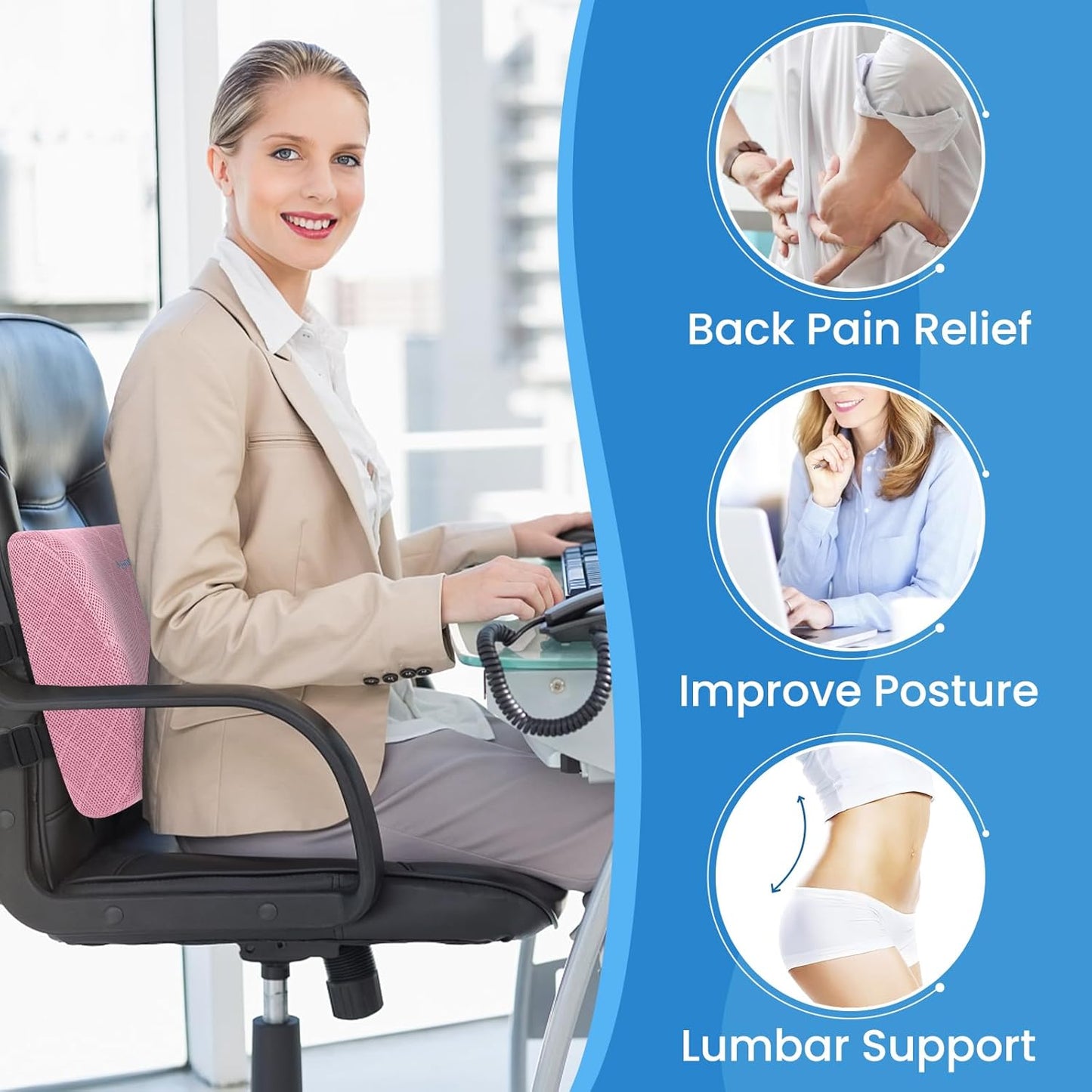 Lumbar Support Pillow for Office Chair Back Support Lumbar Pillow for Car, Gaming, Office Chair - Improve Sitting Posture & Back Pain Relief, Memory Foam, Adjustable Straps, Pink
