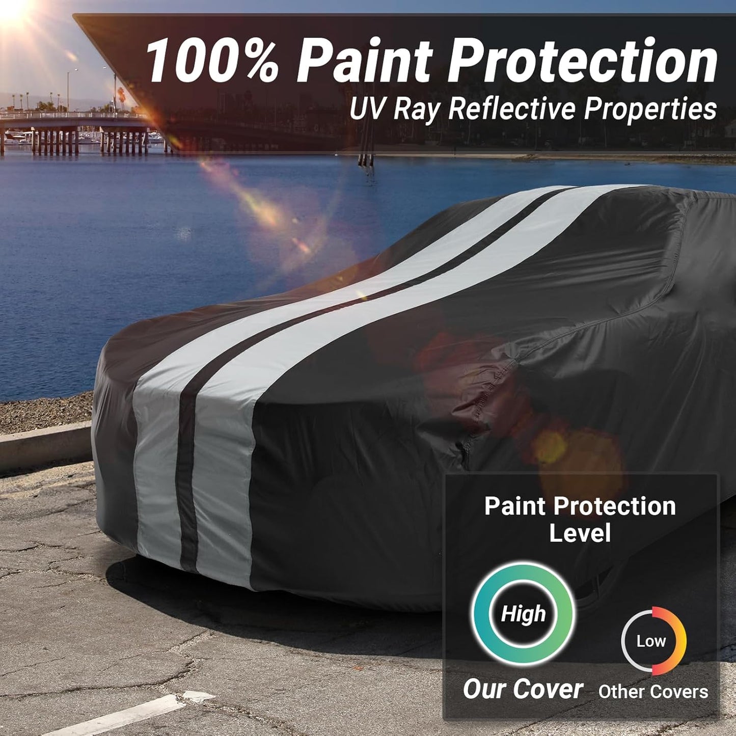 iCarCover Custom Car Cover for Chevy 150, 210 Wagon (1957) Waterproof All-Weather Rain Snow UV Sun Protector Full Exterior Indoor Outdoor Car Cover (Stripe - Black/Gray)