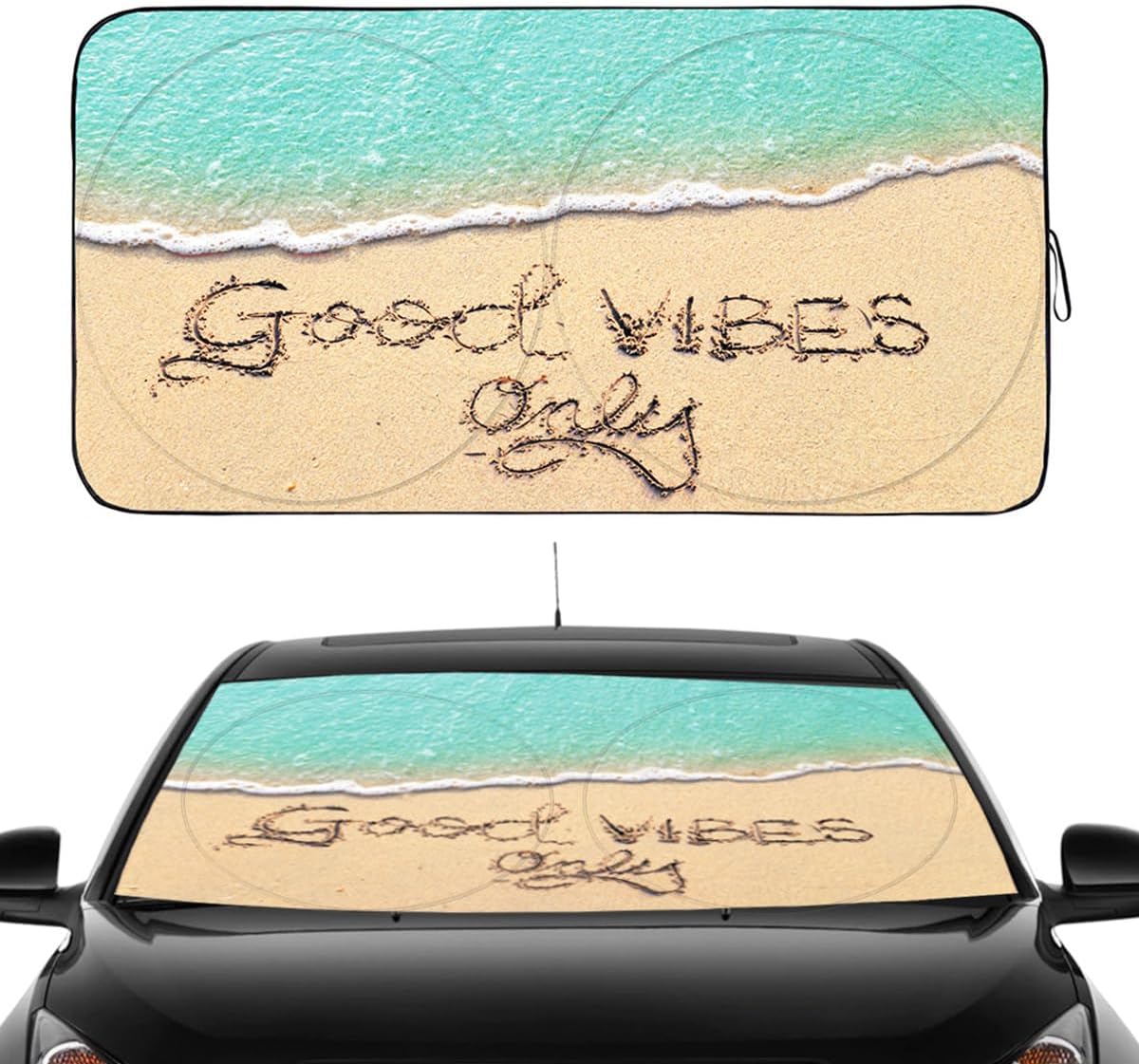 Gven Sun Shade for Car Windshield, Beach Style, Blocks 99% UV Rays, Reflective Tech, Easy Fold & Go, Funny/Stylish Design, Black, 59" x 31.5"