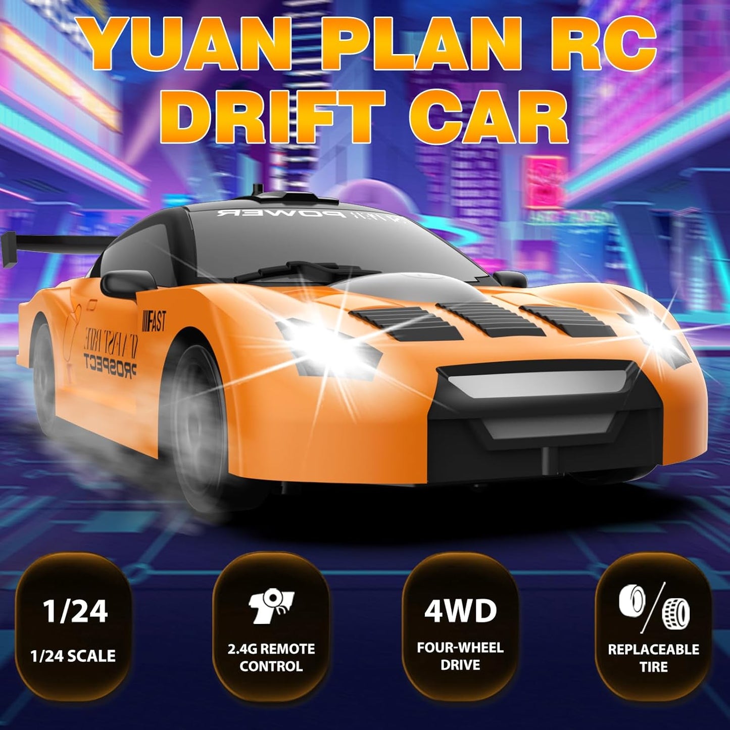 RC Drift Car 1/24 2.4GHz Remote Control Car 4WD High Speed Drifting RC Cars with LED Light, Two Batteries and Drift Tires Racing Toy Cars for Boys Girls Kids Adults (Orange)