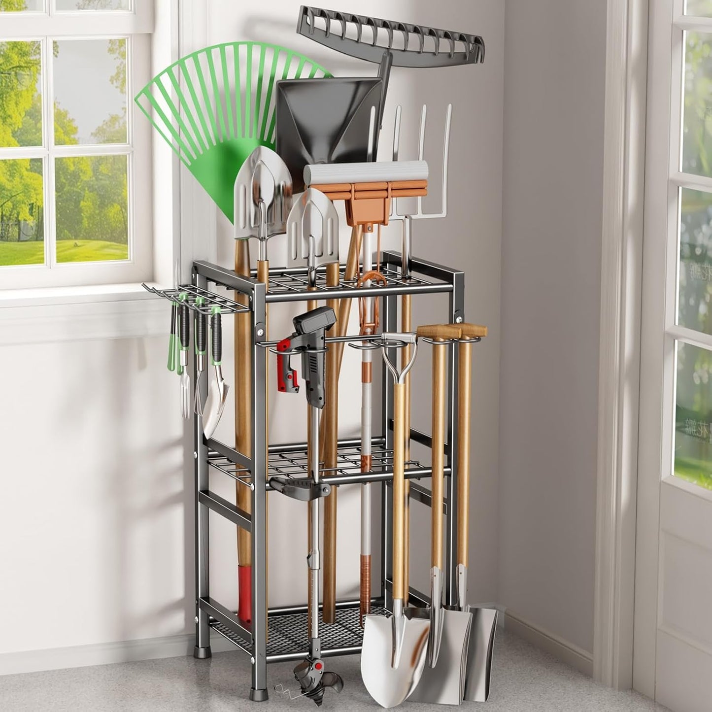 Garden Tool Organizer Storage Metal Yard Tool Organizer Heavy Duty Garden Tool Rack Stand with Extra Hooks, Up To 35 Long Handled Shovels/Rakes/Brooms Holder for Garage,Shed,Outdoor(Black)