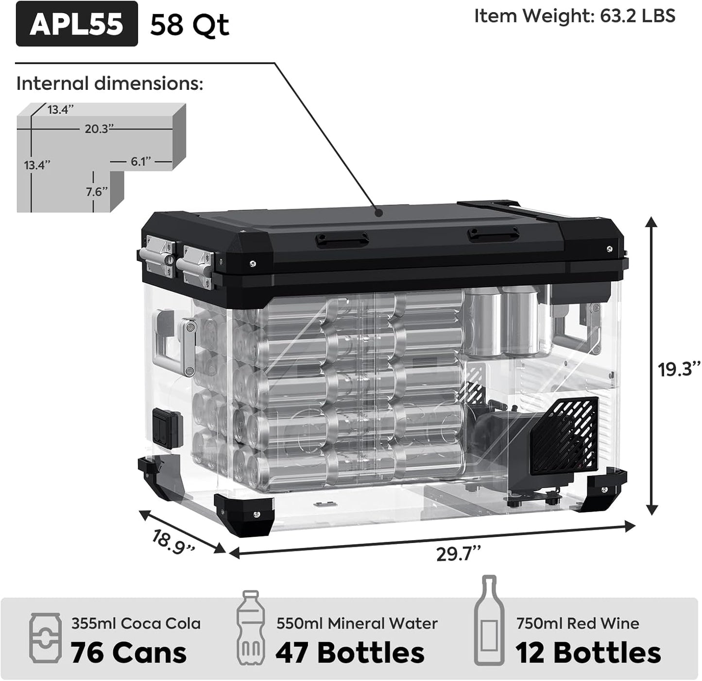 ICECO APL55 Dual Zone Portable Refrigerator Freezer Bluetooth Controlled, 55 Liter 12v refrigerator with SECOP Compressor, DC 12/24V, AC 110-240V, for Truck, Car and Home, -4℉~68℉ (Black)