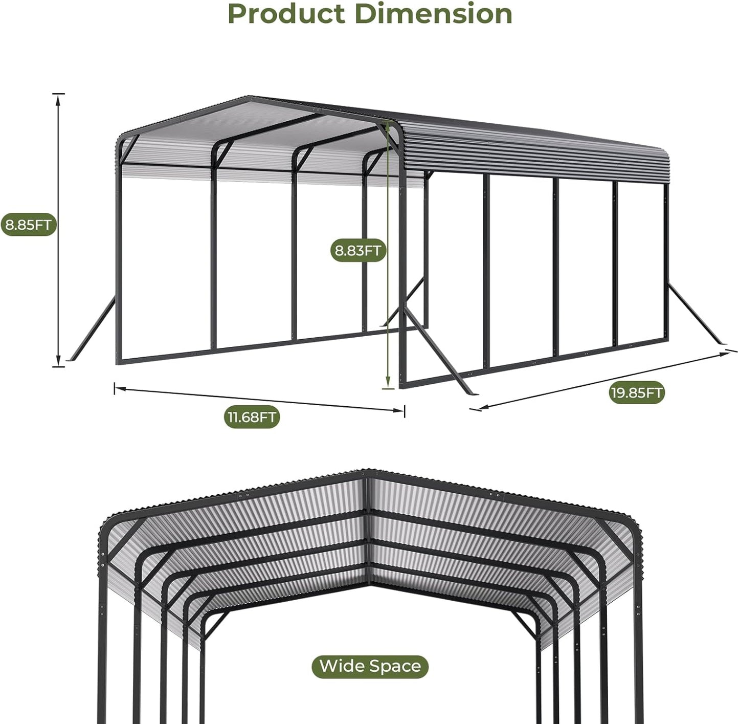 Carport 12x20 FT Heavy Duty Metal Carport, Outdoor Metal Canopy with Additional Diagonal Bars and 4 Support Feet, Car Port Garage Galvanized Shelter for Car, Boat and Tractor