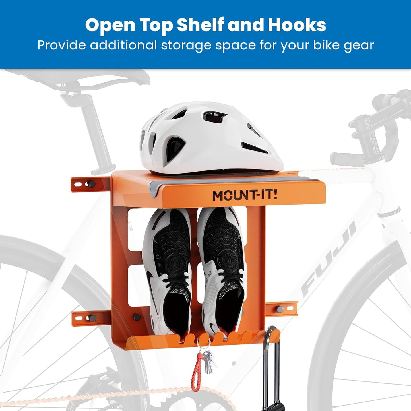 Mount-It! Bike Wall Mount Rack with Shelf and Hooks, Horizontal Indoor Bike Rack Garage Home, Space Saving Wall Mounted Hanger for a single Road, Mountain or other Bicycle with Extra Storage, Orange