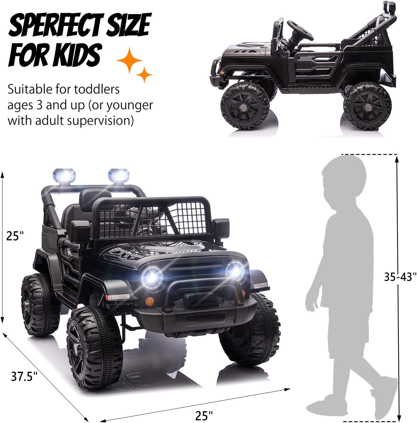 JOYMOR 12V Kids Ride on Truck with Remote Control, 4 Wheels Battery Powered Kids Car, Electric Play Car with LED Lights/Horn/Remote and Manual Control/3-5 MPH Speed/Gift for Girl Boy (Black)