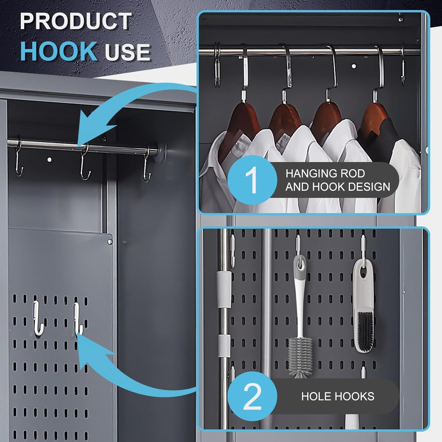 GREATMEET 72.8" Broom Storage Cabinet，Metal Storage Cabinets for Cleaning Supplies with Pegboard, Utility Closet, Broom Mop Cabinet, Grey