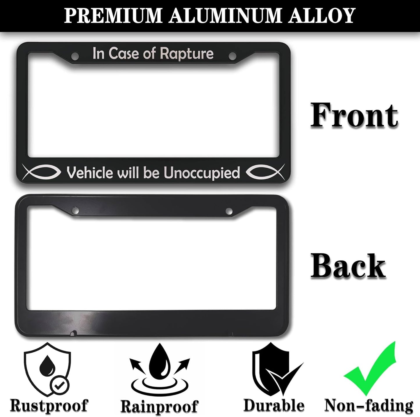 License Plate Frames Black and White License Plate Frame in Case of Rapture Vehicle Will Be Unoccupied Aluminum Metal Car Accessory 2 Pack with Screw Covers Set