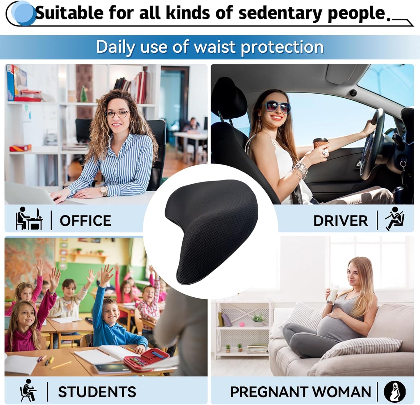 Lumbar Support Pillow for Car, 100% Memory Foam Lumbar Pillow with Breathable Removable Cover, Ergonomic Design - Back Pillow Lumbar Support Pillow for Car Seat/Back Pain Relief(Ice Silk Black, 1PC)