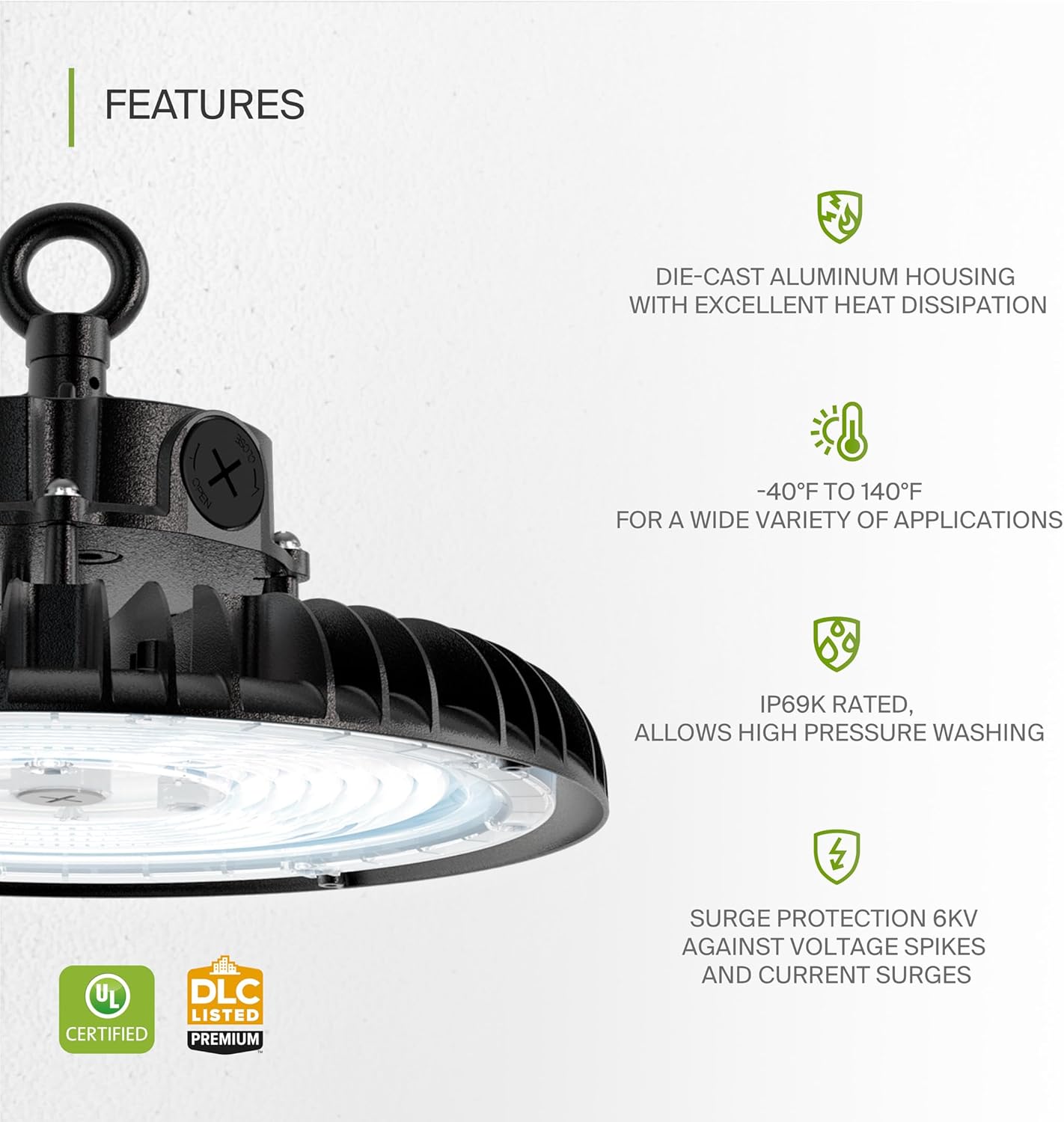 ASD LED High Bay UFO Light Fixture, Commercial Shop Lighting | Dimmable, IP69K Waterproof, DLC Premium, UL Listed | 150W 23000LM 5000K 100-277V | Warehouse, Garage, Workshop, Barn Lamp | Black