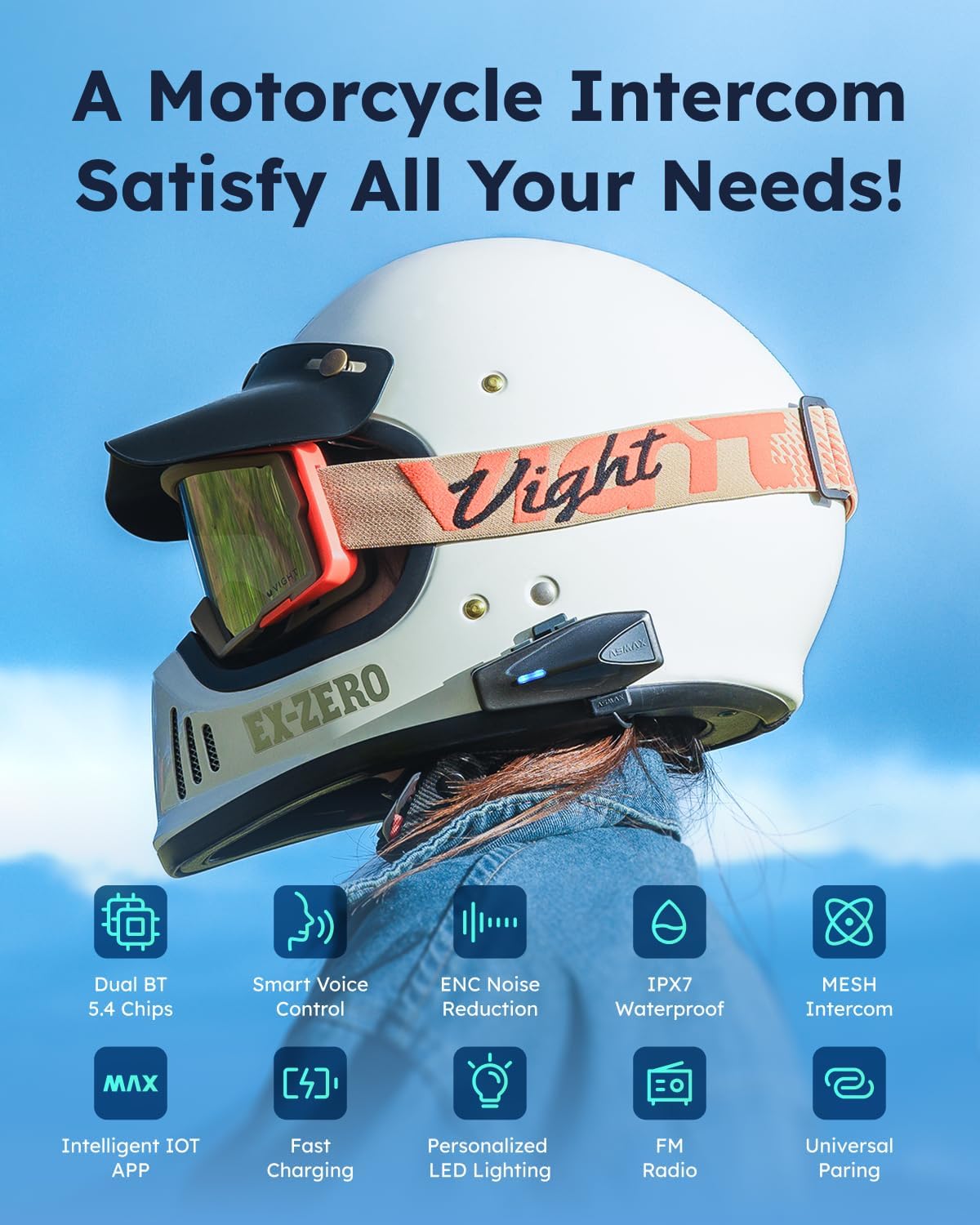 S1 Motorcycle Bluetooth Headset with 3 Intercom Modes, 8-Rider Mesh Communication, AI Voice, FM Radio, Auto Volume, Waterproof, Fast Charging for Helmet/ATV/UTV/Snowmobile, 2 Pack(Grey)