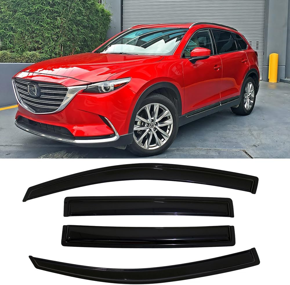 MA38 Side Window Visor Wind Vent Deflector fit for 2016-2021 Mazda CX9,4pcs Dark Smoke Nice Looking Outside Mount Style Tape On Sun Rain Guards Set