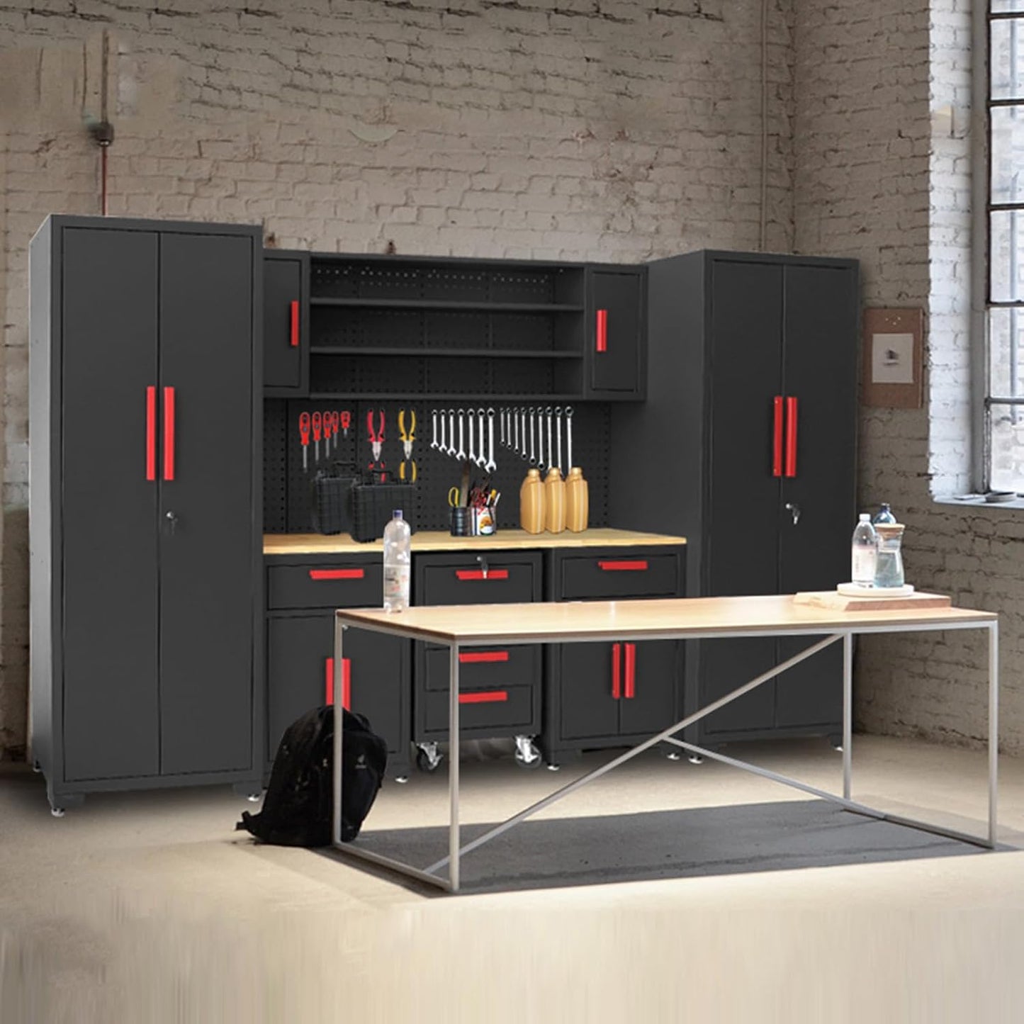 Torin Garage Storage Cabinets System, 8-Pcs Workshop Cabinet Set in Black, Included Steel Cabinets Drawers Rolling Chest and Pegboard,Locked Garage Storage Cabinet