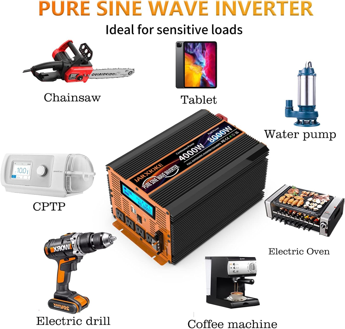4000 Watt Pure Sine Wave Power Inverter 12V DC to 110V 120V Converter for Family RV Off Grid Solar System Car with Type-C Ports 4 AC Power Outlets Dual USB Ports LCD Display and Remote Control