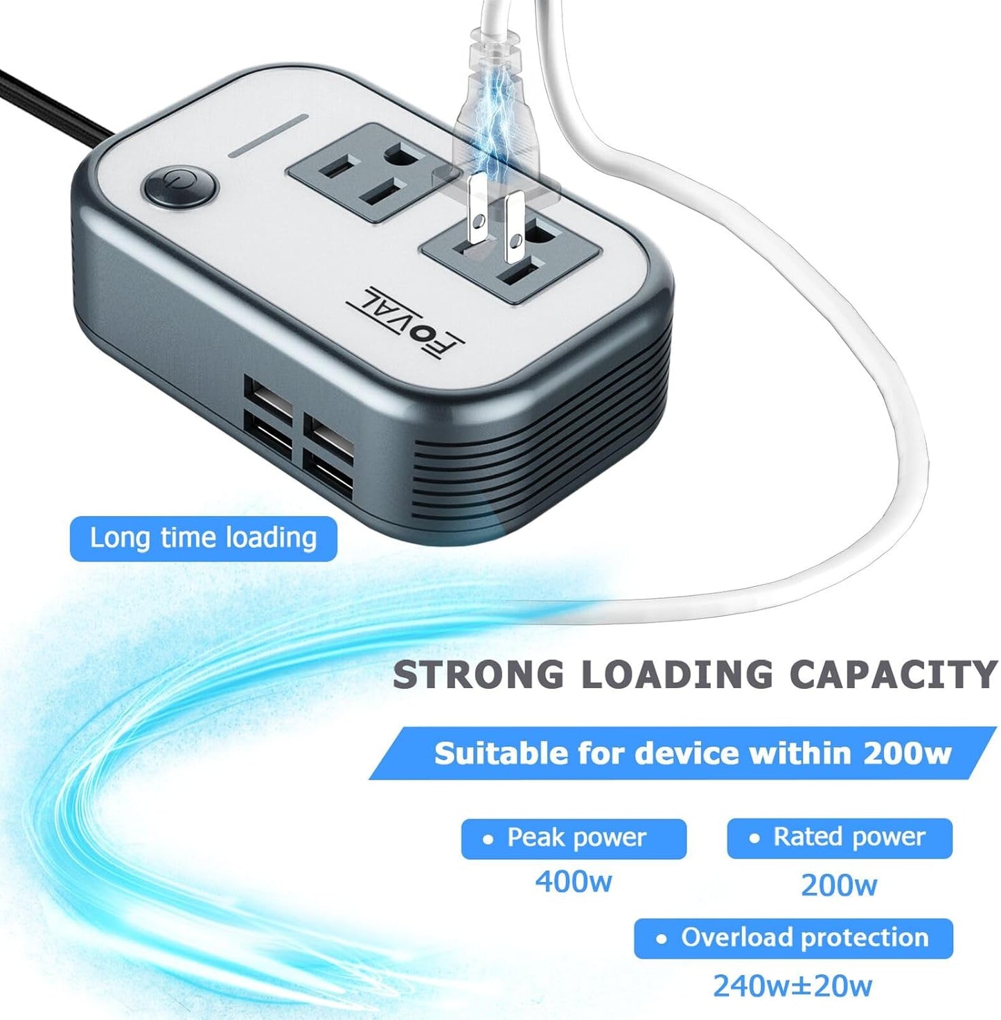 200W Car Power Inverter, FOVAL 12V DC to 110V AC Car Inverte with 4 USB Ports Car Outlet Adapter, Power Inverter for Vehicles, Car Plug Adapter Outlet for Laptop Computer Charger