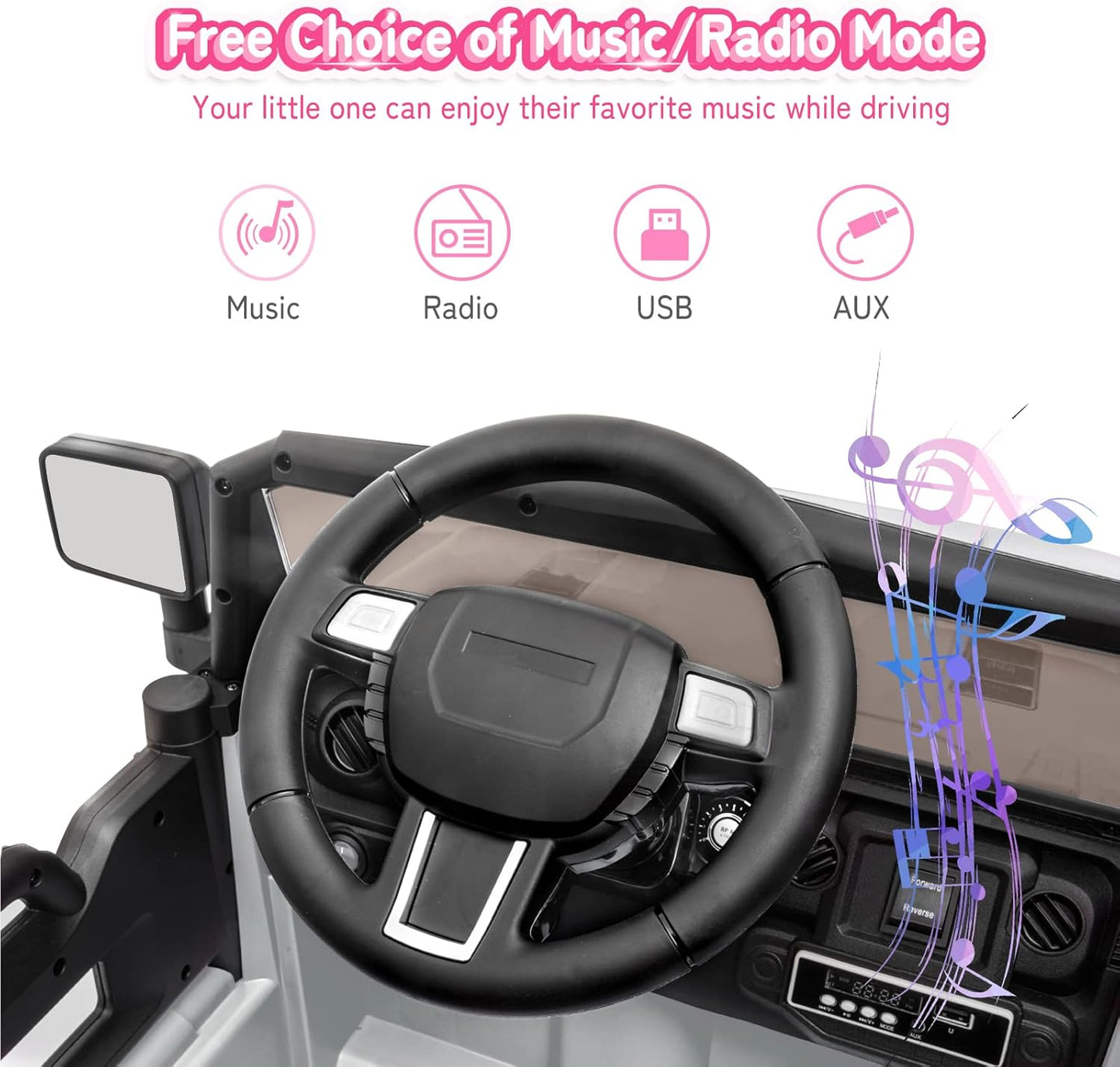 JOYMOR Ride on Truck with Remote Control, 4 Wheels 12V Battery Powered Kids Car, with LED Headlight/Horn Button/ MP3 Player/USB Port/Forward Backward/Kids Girl Boy (White)