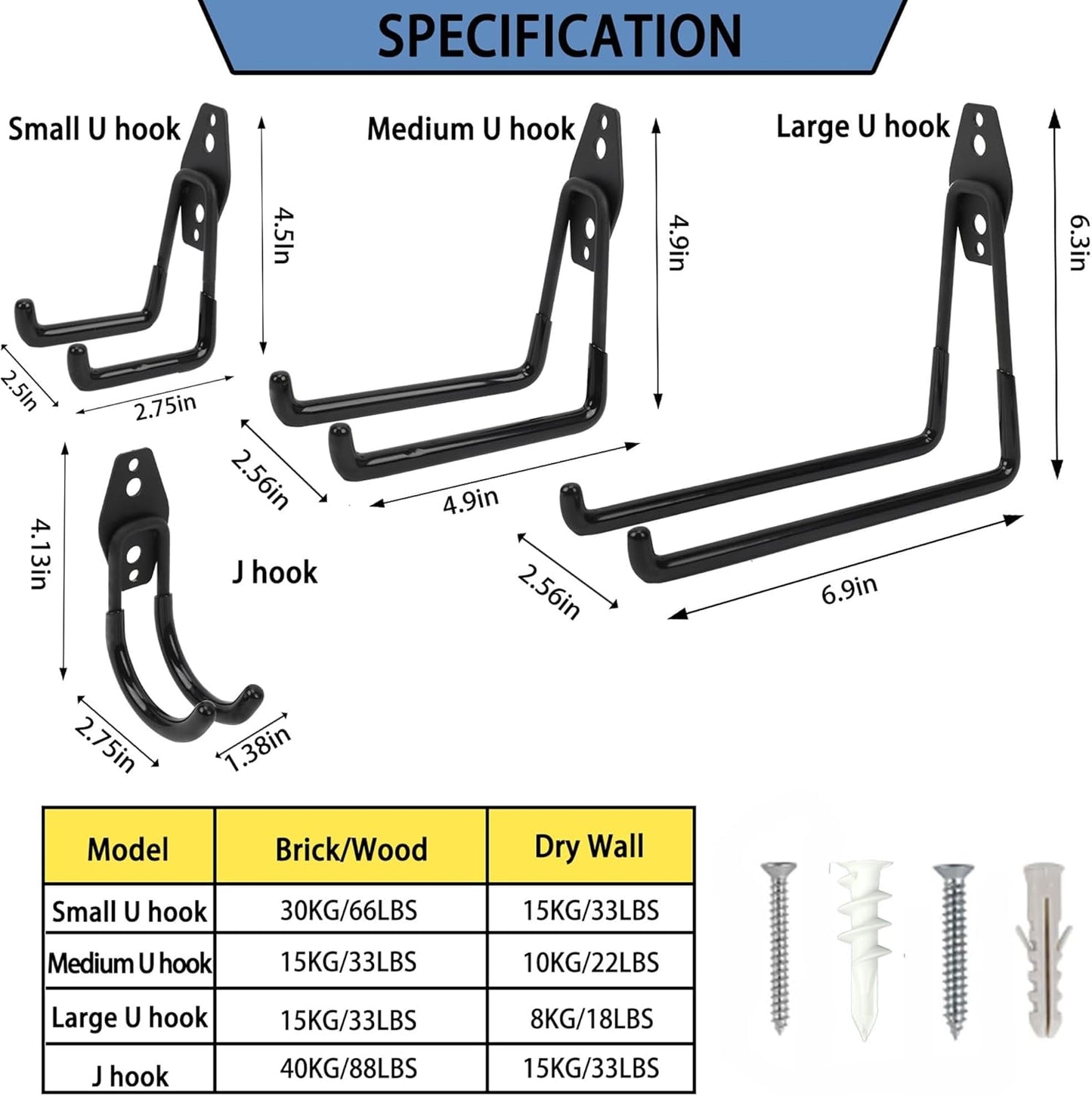 Wall Mount Heavy Duty Garage Hooks (2-Pack) – Wall Mounted Storage Hooks for Ladders, Bikes, Tools & More – Rust-Resistant Steel with Anti-Slip PVC Coating Small U Hooks