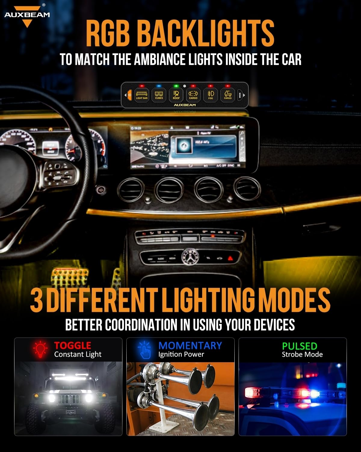 Auxbeam 6 Gang Slim Switch Panel Bluetooth RGB AS-600 with APP&Remote Control Toggle Momentary Pulsed Switch Pod Off Backlight for Truck Offroad UTV ATV Car Marine 12-24V Waterproof, 2 Years Warranty