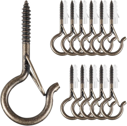 12 PCS Q-Hanger Hooks, Screw Hooks for Outdoor String Lights, Safety Buckle Design Cup Eye Hook for Hanging Christmas Lights, Plants, Wind Chimes, Mounted on Wall Ceiling, Windproof, Copper