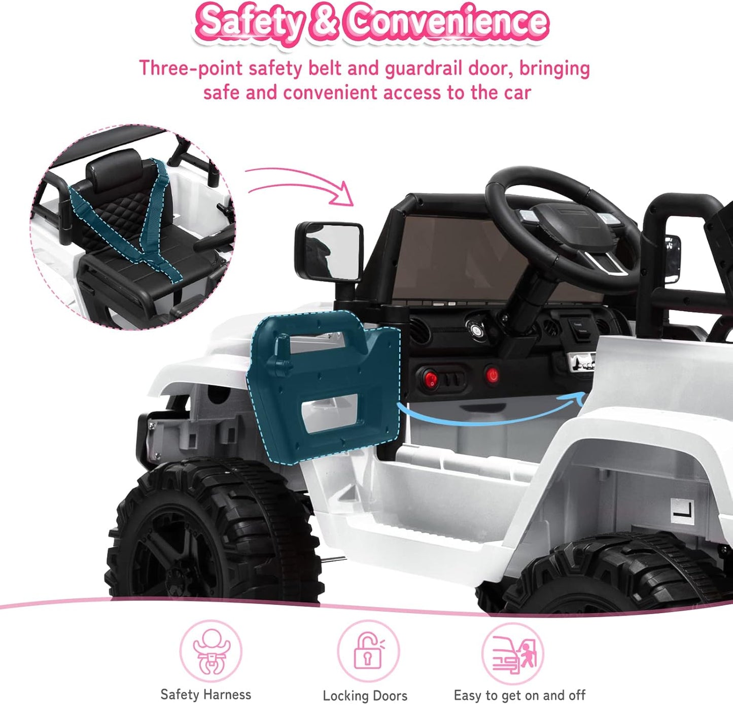 JOYMOR Ride on Truck with Remote Control, 4 Wheels 12V Battery Powered Kids Car, with LED Headlight/Horn Button/ MP3 Player/USB Port/Forward Backward/Kids Girl Boy (White)