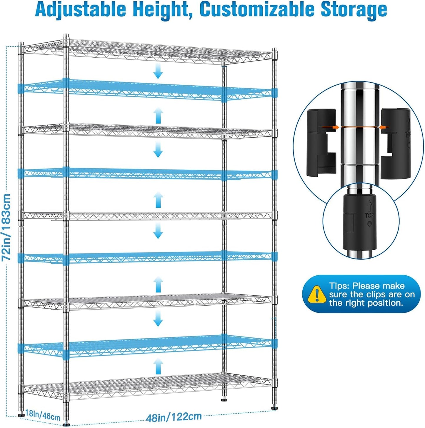 Wire Shelving with Wheels, 48x18x72 Inch, 3000 Lbs Storage Shelves Heavy Duty, Commercial-Grade Adjustable Utility Shelf, NSF-Certified Metal Storage Rack with Shelf Liners, 5-Tier, Chrome
