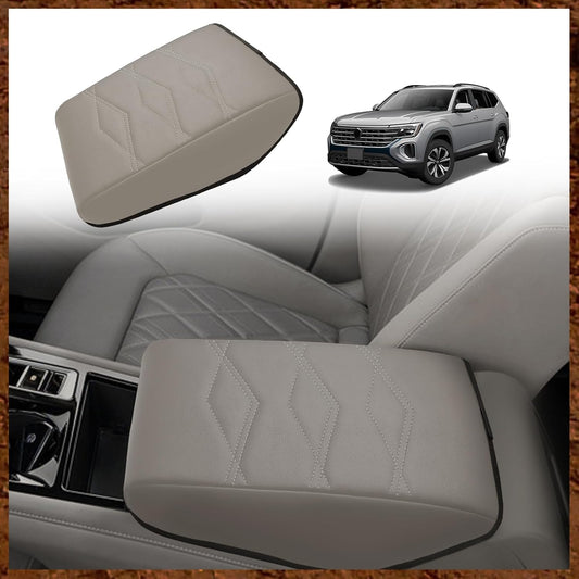 Muslogy for 2024 2025 Atlas Center Console Pad Armrest Cover Protector Vegan Leather Extra Soft Interior Accessories Armrest Box Lid Pad Compatible with Volkswagen Atlas Accessories(V1_Light Gray)