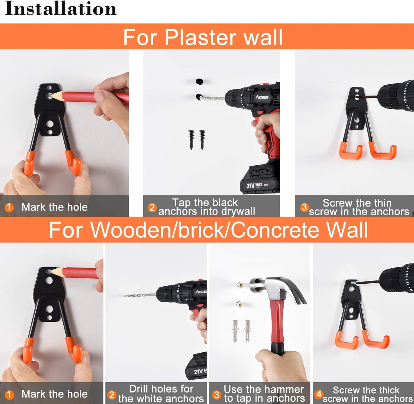 AOBEN Garage Hooks Heavy Duty, Steel Garage Storage Hooks, Utility Tool Hangers and Combinable Wall Mount for Organizing Ladder, Hold Chairs, Heavy Tools (Medium U, 4 Pack)