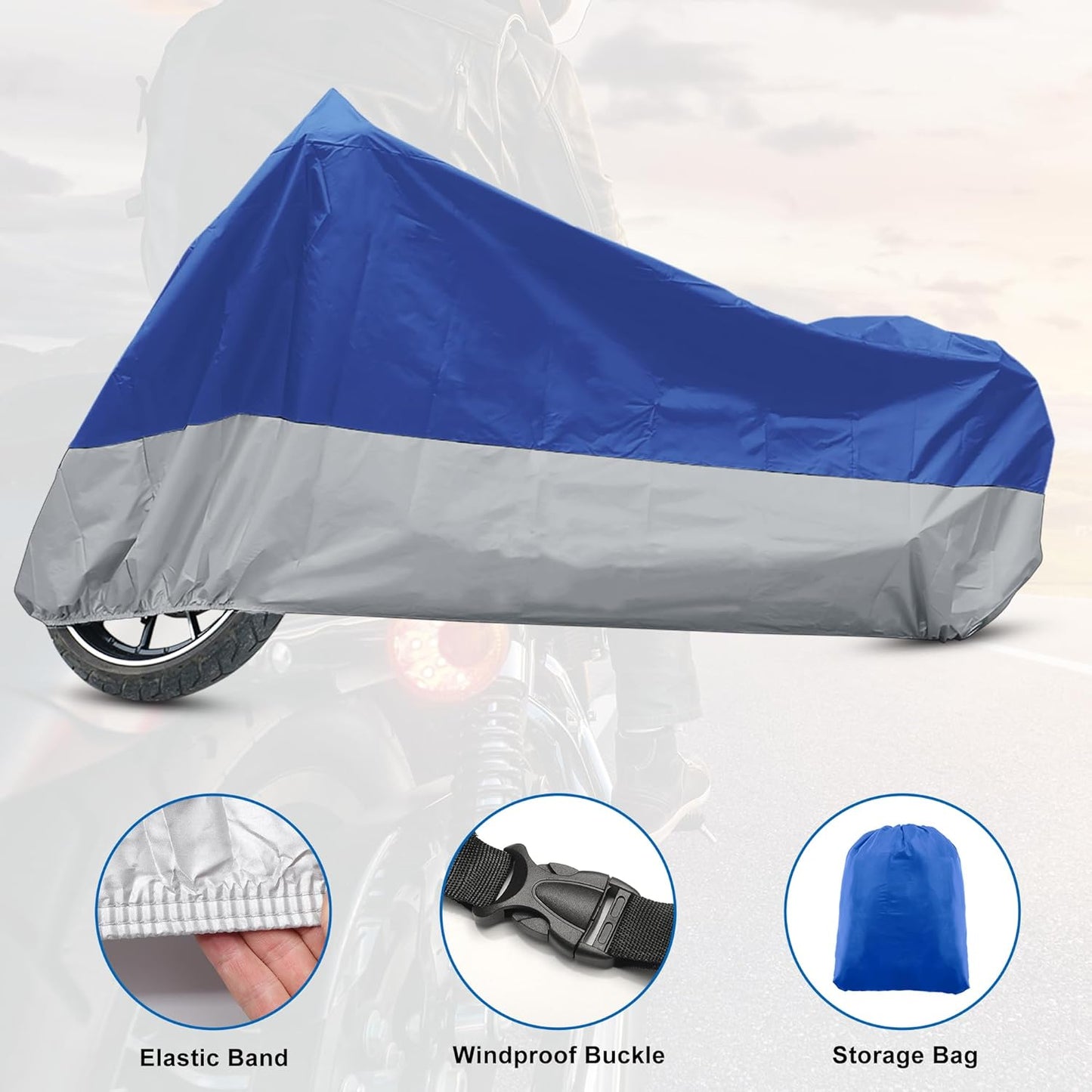 X AUTOHAUX Motorcycle Cover for Harley Davidson for Honda for Suzuki All Season Waterproof Sun Outdoor Protection Motorbike Cover Fits Up to 96.46'' Motorcycles Cover XL Blue Silver Tone