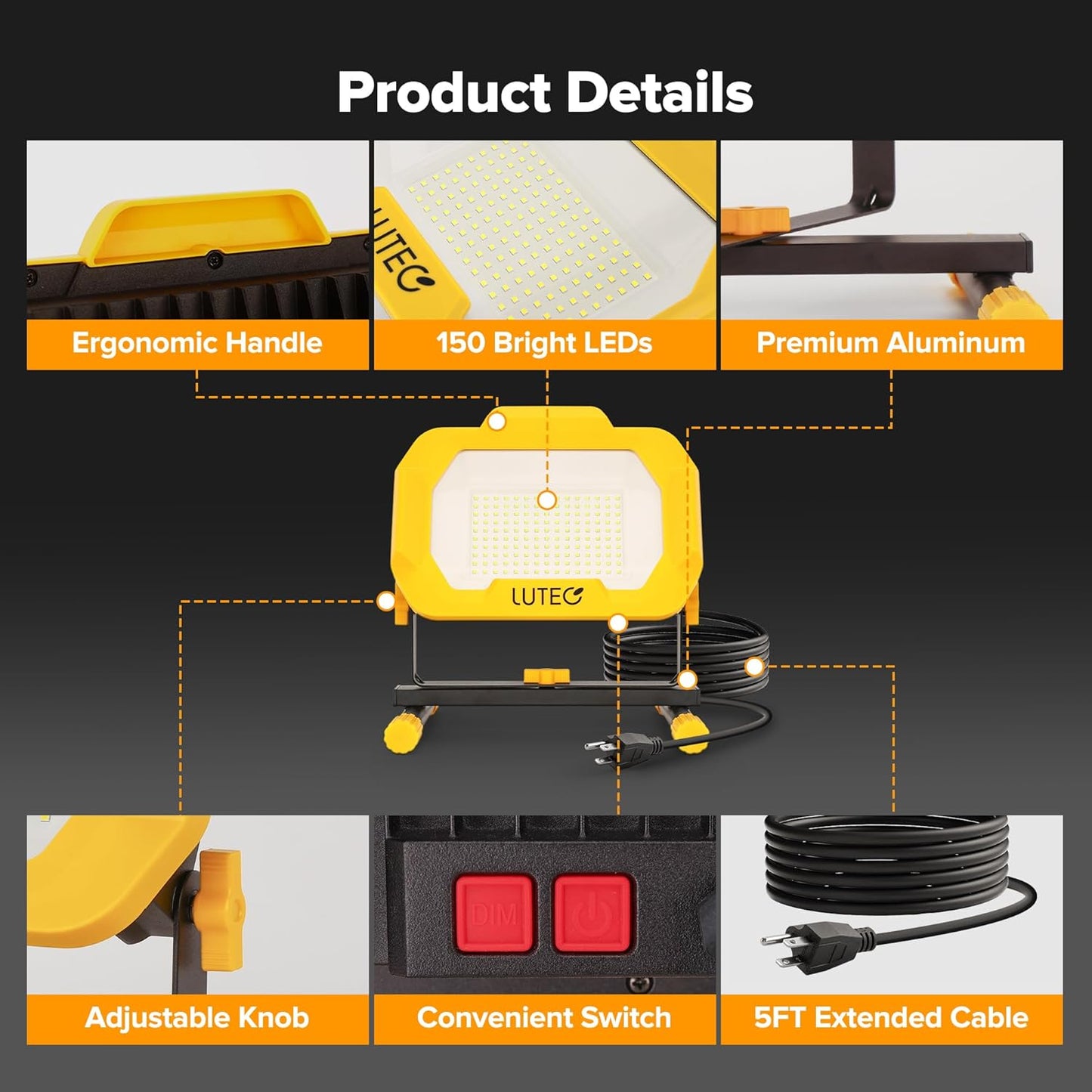 LUTEC 12500 Lumen LED Work Light, Dimmable Flood Lights with 3 Brightness Levels, IP65 Waterproof Portable Job Site Lights with Stand and 5 Ft 3-Prong Power Cord for Workshop Garage Construction Site