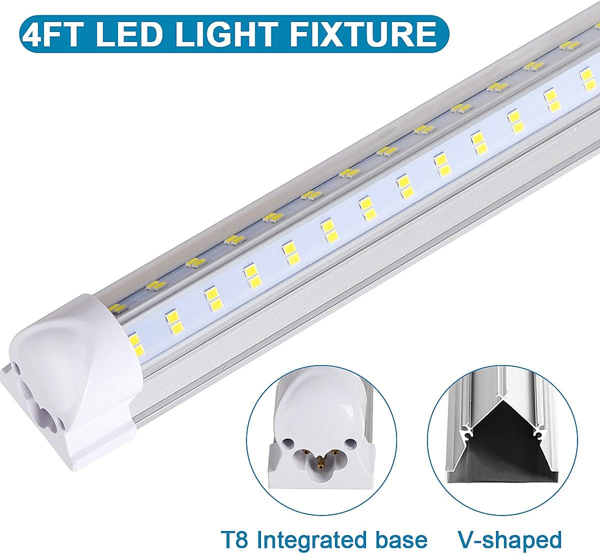 LED Shop Light Fixture, 4FT, 60W 7500LM, 6000K Cold White, 4 Foot T8 Integrated LED Tube Lights, Plug in Warehouse Garage Lighting, V Shape, Linkable with On/Off Switch (4PCS)