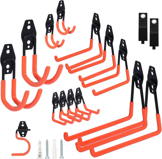 16 Pack Steel Heavy Duty Garage Hooks Storage Hooks with Anti-Slip Coating, Utility Garage Wall Mount Hanger and Organizer for Bikes, Ladder, Rope, Broom, Shovel and Garden Power Tools (16, Orange)