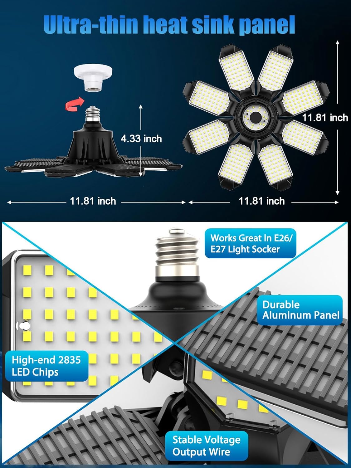TANBABY 260W LED Garage Lights 2 Pack, Total 52000LM Deformable Best Ceiling Light with 8+1 Panels, E26/E27 Screw in Bulbs for Basement, Attic
