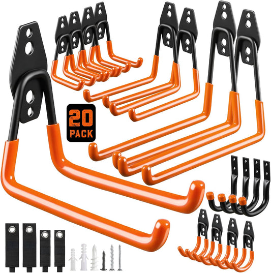 LANDNEOO Garage Hooks, 20-Pack Steel Garage Accessories for Organization and Storage, Heavy Wall Mount Duty Hooks with Anti-Slip Coating for Hanging Ladder, Bike, Power Tools and More Tools, Orange