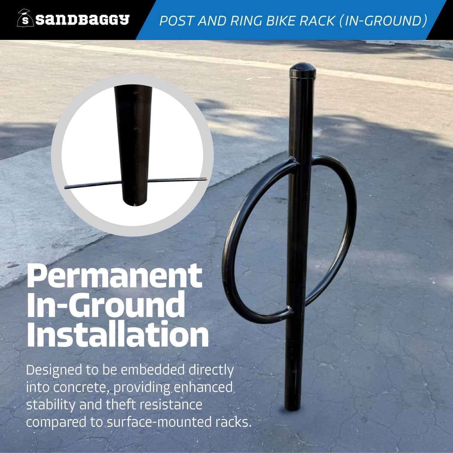 Sandbaggy Post and Ring Rack - In Ground - Commercial Outdoor Bike Parking & Storage Racks (Black, 2)