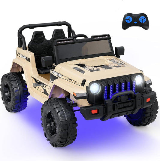 INFANS Kids Ride on Car Truck with 2.4G Remote Control, 12V Battery Powered Electric Cars for Kids w/3 Speeds, Battery Display, LED Lights, Safety Belt, Music & Horn, Bluetooth/FM/USB (Khaki)