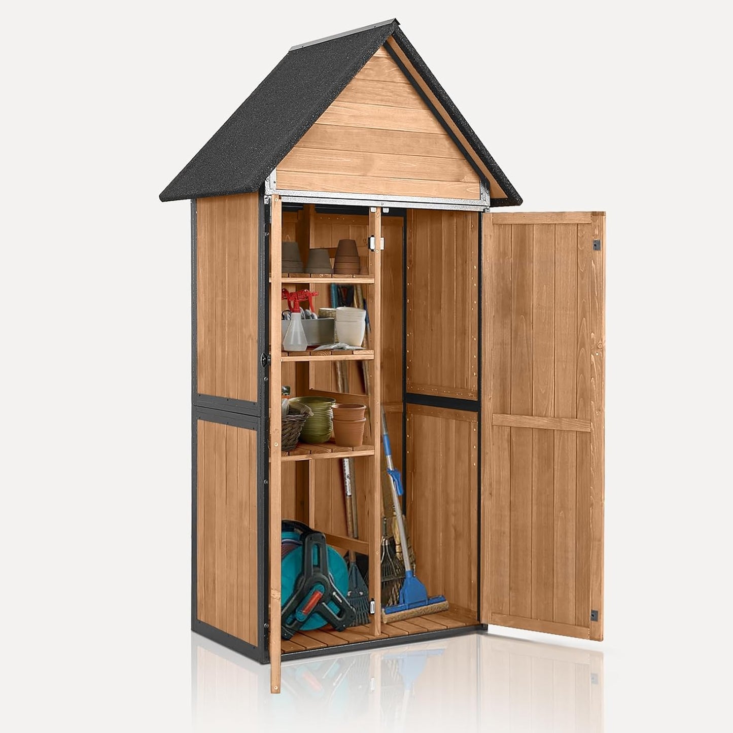 Outdoor Storage Shed with Floor and Waterproof Roof - Metal Framed Tool Cabinet with Adjustable Shelves - Double Lockable Doors for Backyard, Garden, Patio (Brown)